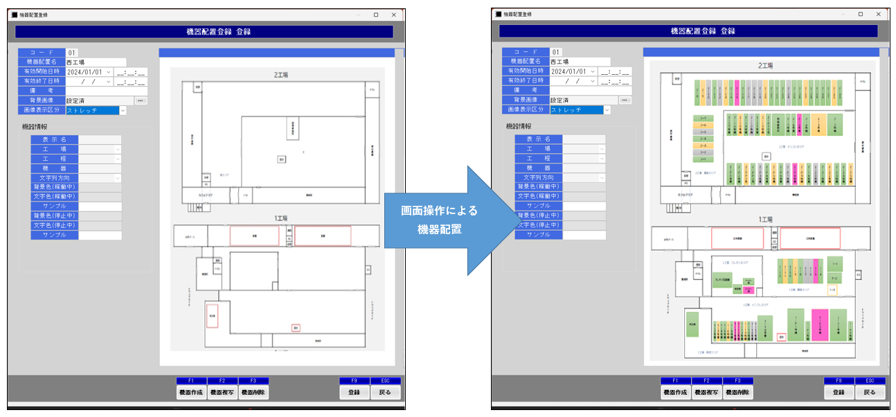 工場の図面上に機器を配置、実際の配置イメージで稼働状況をリアルに表示